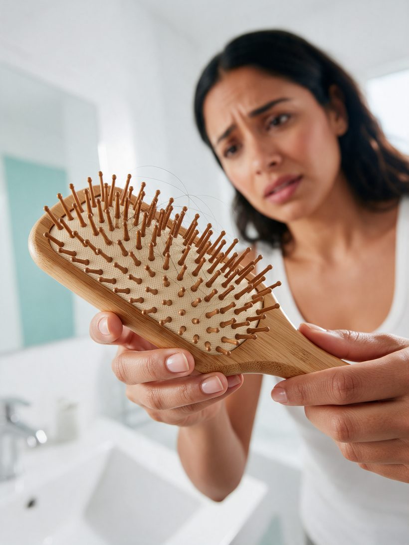 Mujer mirando cabello suelto en su cepillo