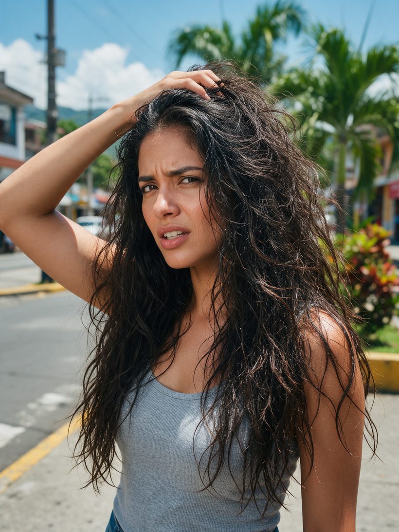 Mujer en la calle con el cabello encrespado por la humedad