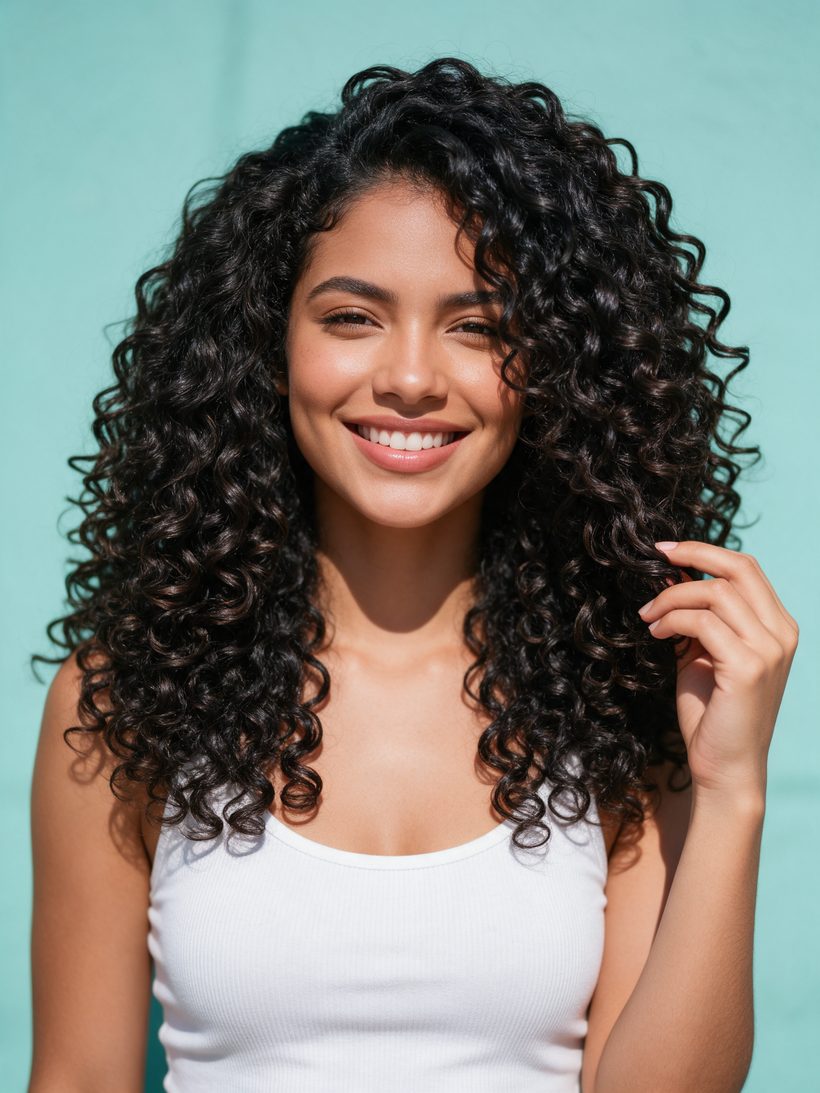 Mujer con rizos definidos y brillantes